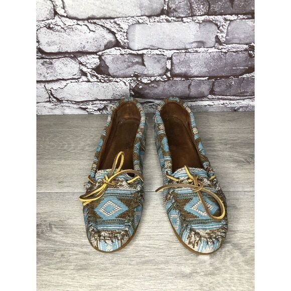 Minnetonka Blue Aztec Southwest Lace Bow Moccasins Shoes Women Sz 9M US/40EU - Picture 11 of 16